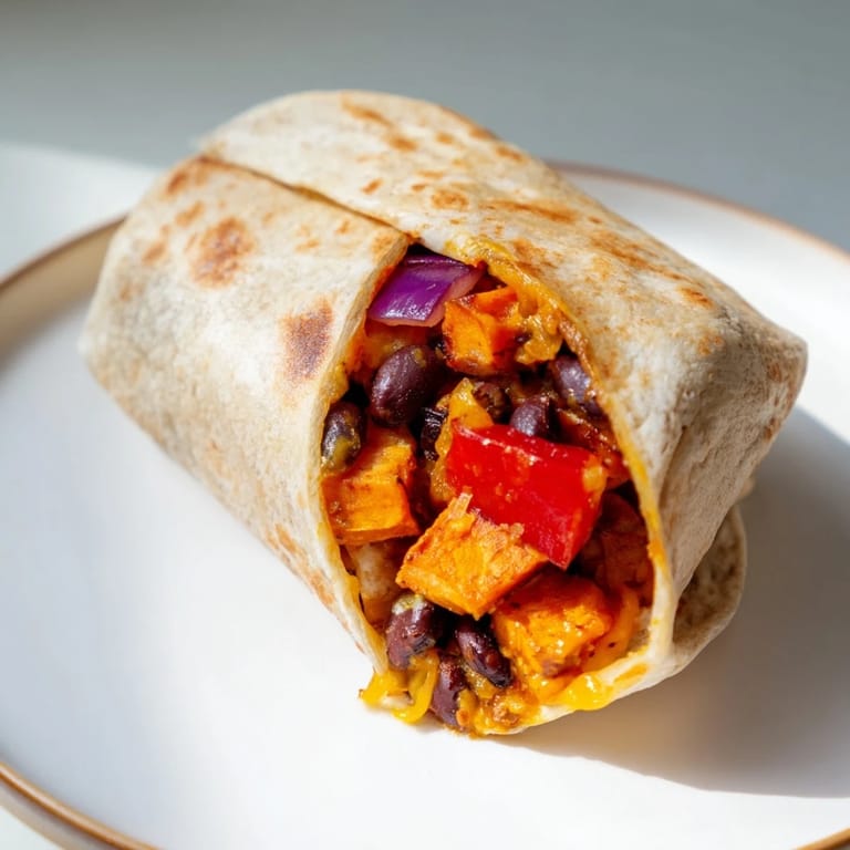 A close-up of a perfectly wrapped Sweet Potato & Black Bean Breakfast Burrito with roasted vegetables visible.