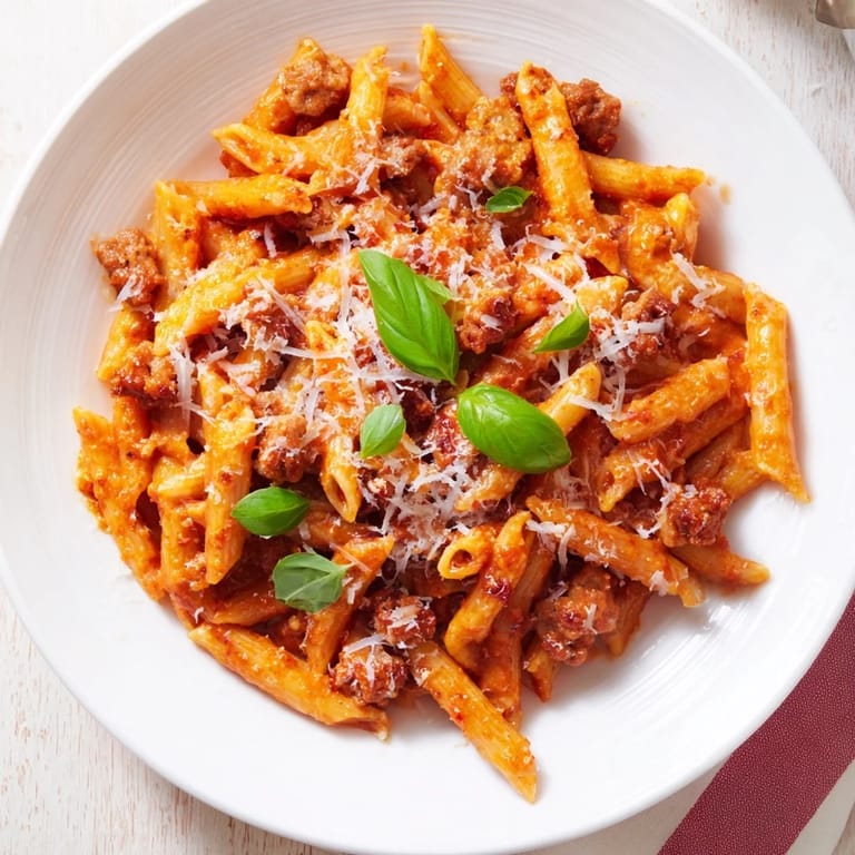 A bowl of delicious Creamy Tomato and Sausage Pasta, garnished with fresh basil, ready to enjoy.