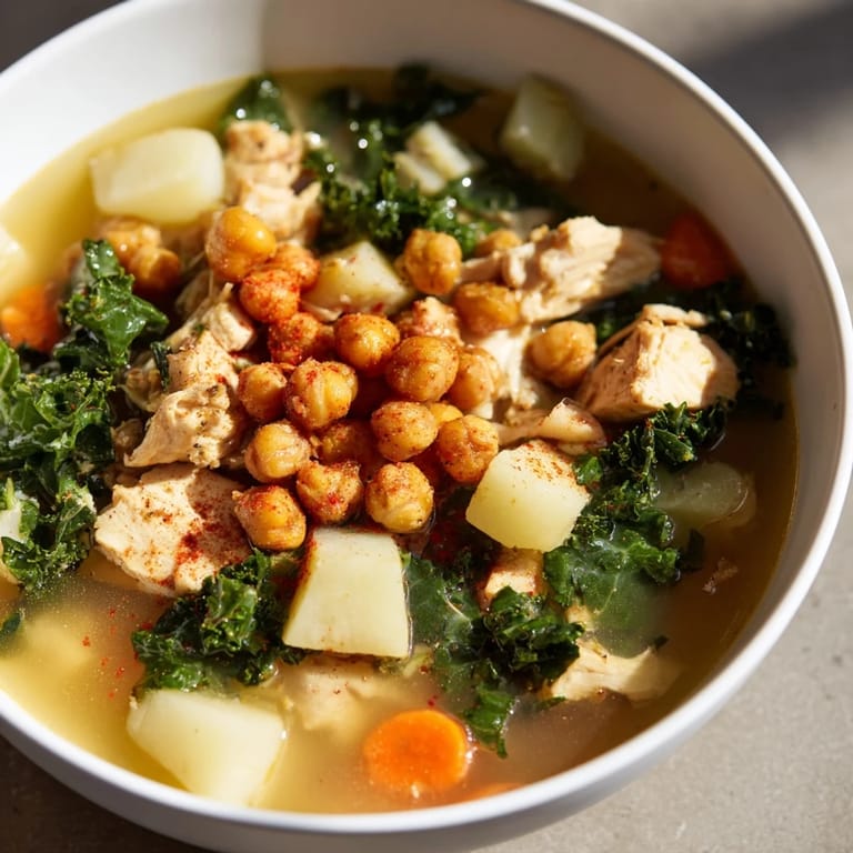 Warm, hearty Chicken Kale Soup with Crispy Chickpeas, perfect for a cozy dinner on a chilly evening.