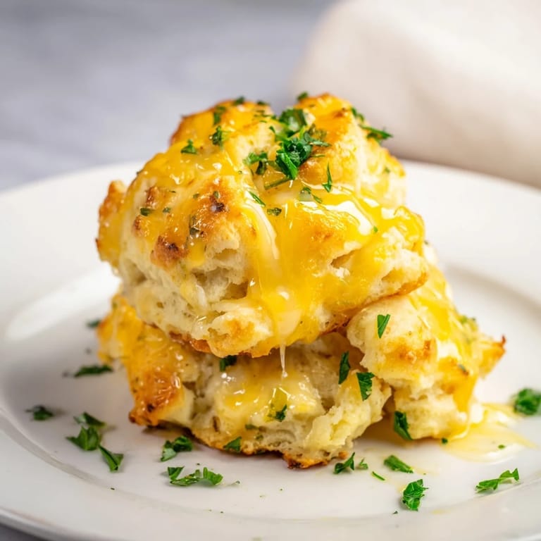 A close-up of cheesy, garlicky Mini Cheddar Bay Biscuit Pull-Aparts, perfect for a cozy snack.