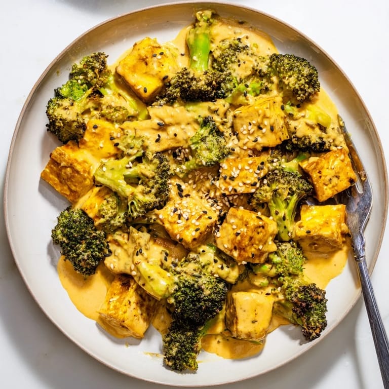 A close-up of cheesy, bubbling Cheesy Baked Tofu and Broccoli with hints of ginger and garlic.
