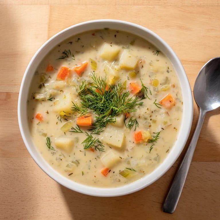 Thick and velvety, this creamy dill pickle soup features chunks of potato and bright green herbs on top.