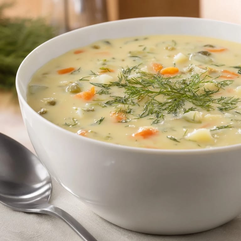 A close-up of a warm bowl of creamy dill pickle soup with pickle slices and fresh dill garnish.