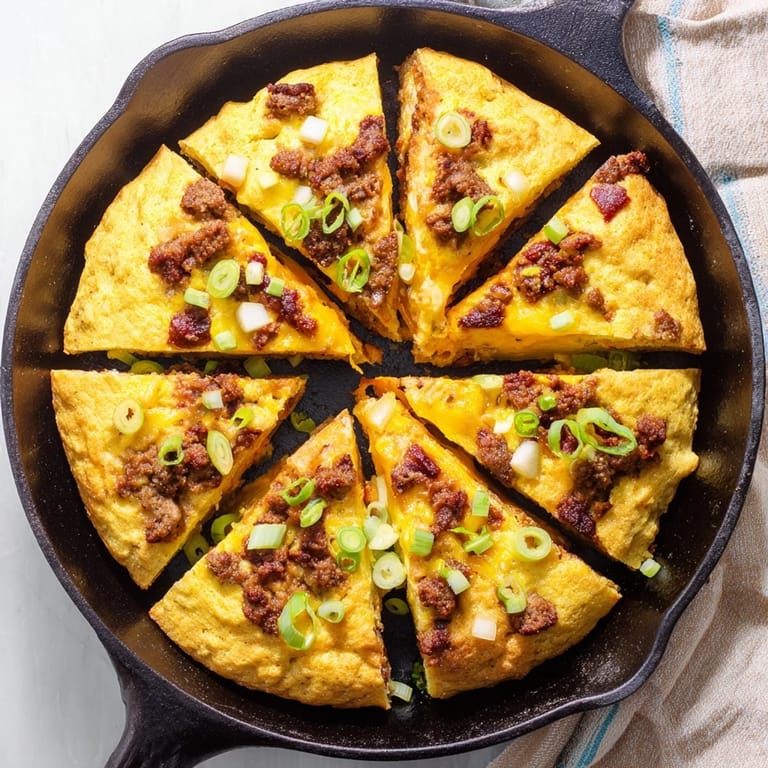 Imagine the warm aroma of this savory Apple, Sausage, and Cheddar Scone Skillet, with melted cheese.