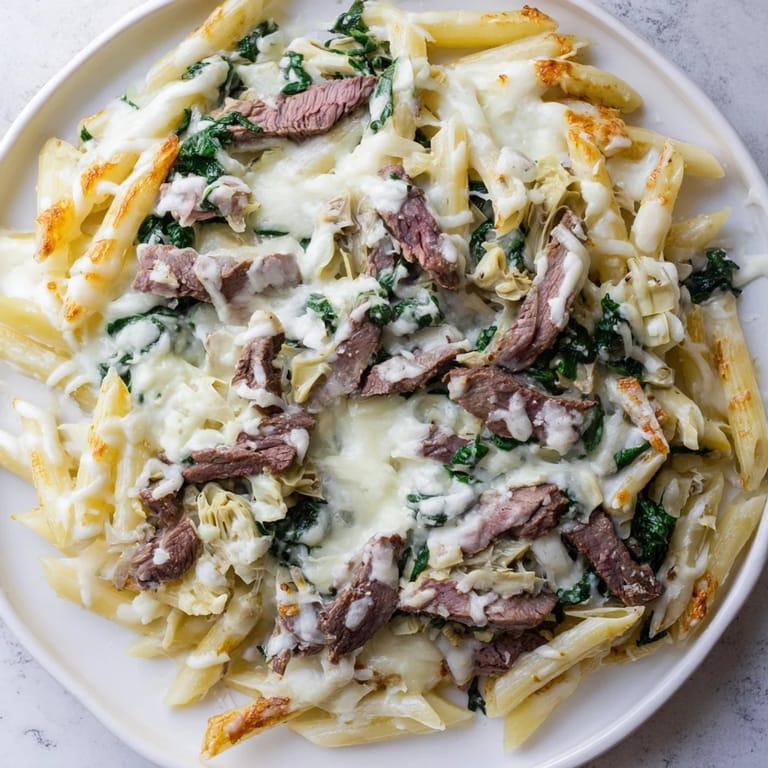 A close-up shot of the savory Steak & Spinach Artichoke Pasta Bake, bubbling with creamy sauce and golden cheese.