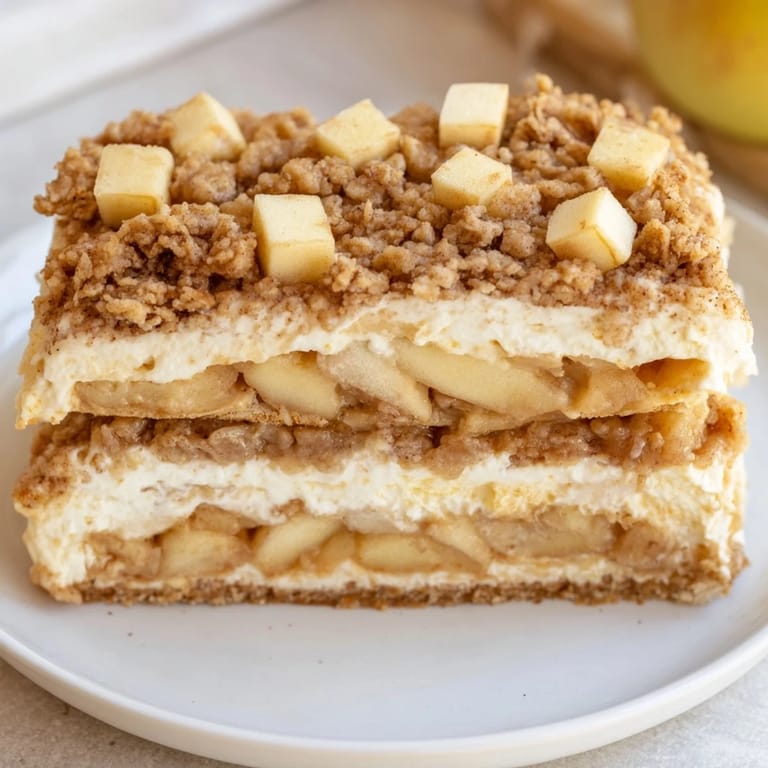 A close-up shot of baked Apple Crisp Cheesecake Bars, featuring a warm, spiced apple filling and oat topping.