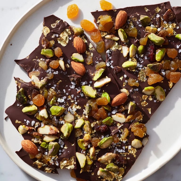 Detailed shot of a decadent Simplified Dubai Chocolate Bark, glistening with sea salt before chilling.