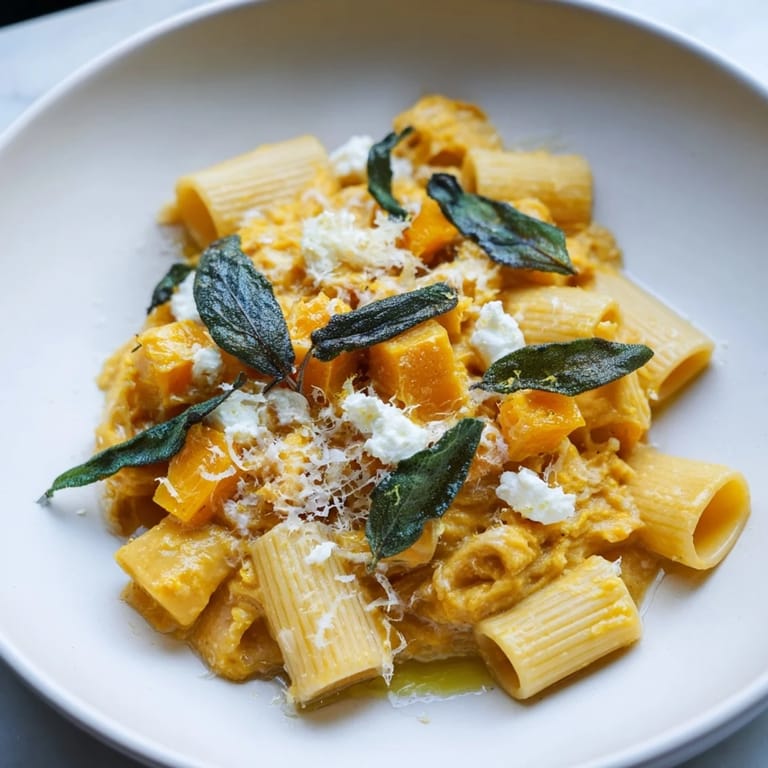 A delicious bowl of creamy roasted butternut squash and sage goat cheese pasta, ready for a comforting meal.