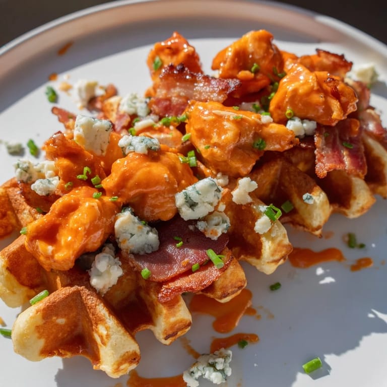 Spicy and savory crispy buffalo chicken and bacon waffle bites, garnished with fresh chives, look delicious.
