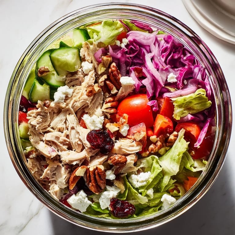 A vibrant view of Layered Holiday Chopped Chicken Salad Jar, featuring tender chicken and festive cranberries.