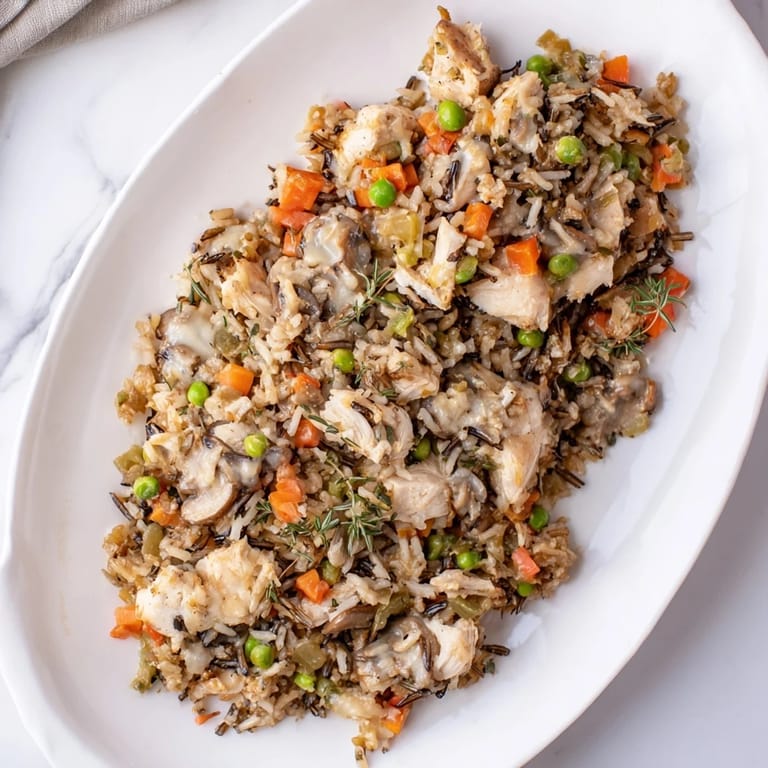 A close-up shot of the hearty Chicken and Wild Rice Bake, showcasing tender chicken pieces and fluffy rice.