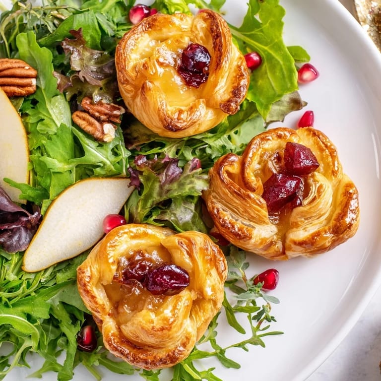 Close-up of baked Cranberry and Brie Flower Bites, with cranberry sauce peeking from the center, ready to eat.