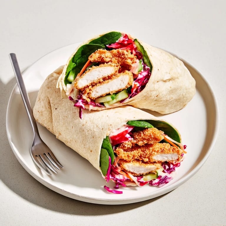 Freshly made Candy Cane Crunch Chicken Veggie Wrap, served with a vibrant yogurt dressing and minty sweetness.