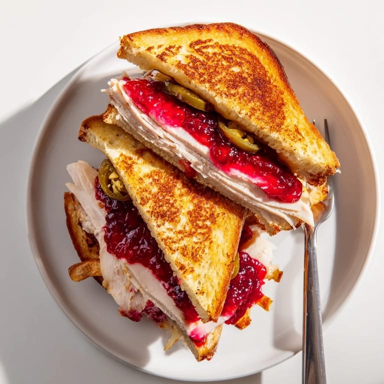 Spicy-sweet Air Fryer Jalapeño Cranberry Turkey Grilled Cheese, featuring turkey, jalapeño, and a gooey cheese pull.