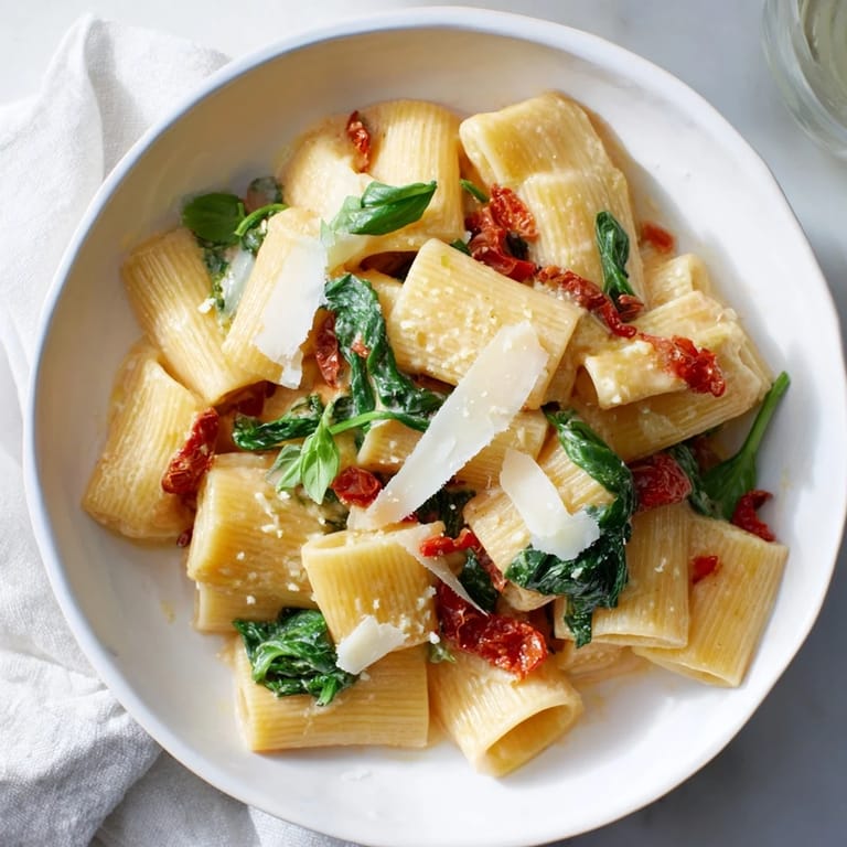 A steaming bowl of Creamy Sun-Dried Tomato Spinach Pasta, boasting vibrant colors and a rich, creamy sauce.