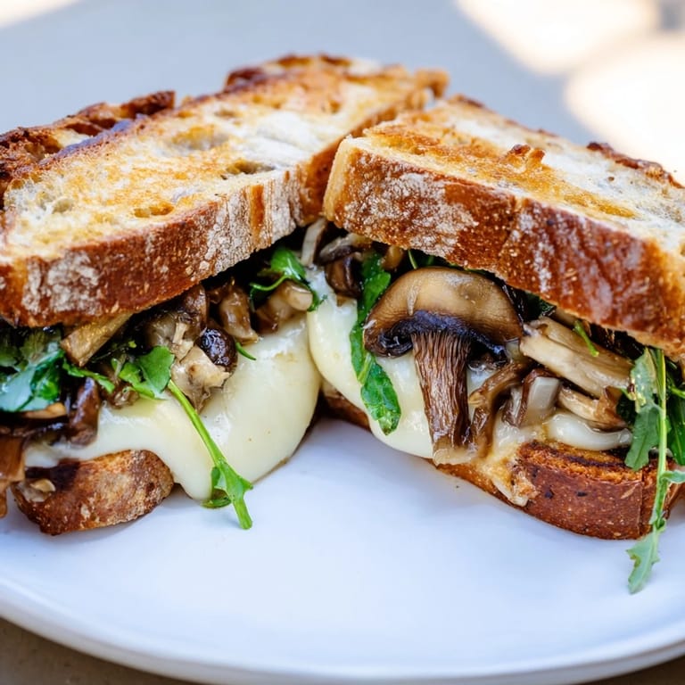 Crispy sourdough slices encase a savory Roast Garlic Mushroom & Thyme Grilled Cheese, perfect for lunch.