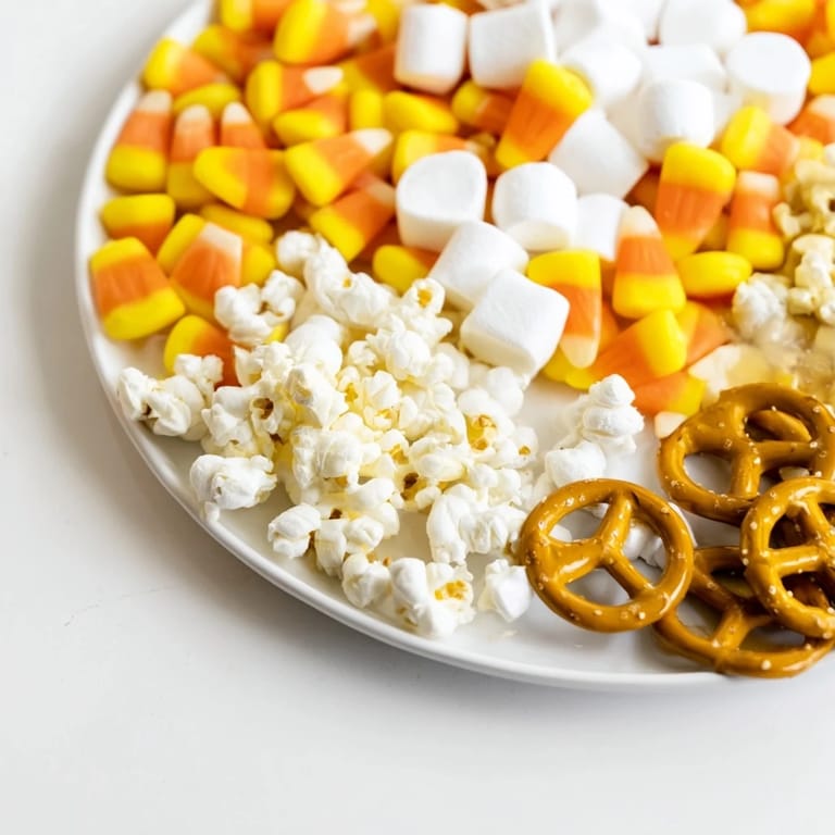 Festive Candy Corn Spooky Board: Colorful arrangement of sweet and savory snacks for Halloween.