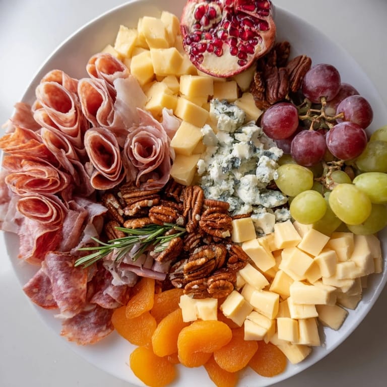 A close-up of a festive Sleigh Ride Charcuterie board with colorful fruits, crackers, and meats.