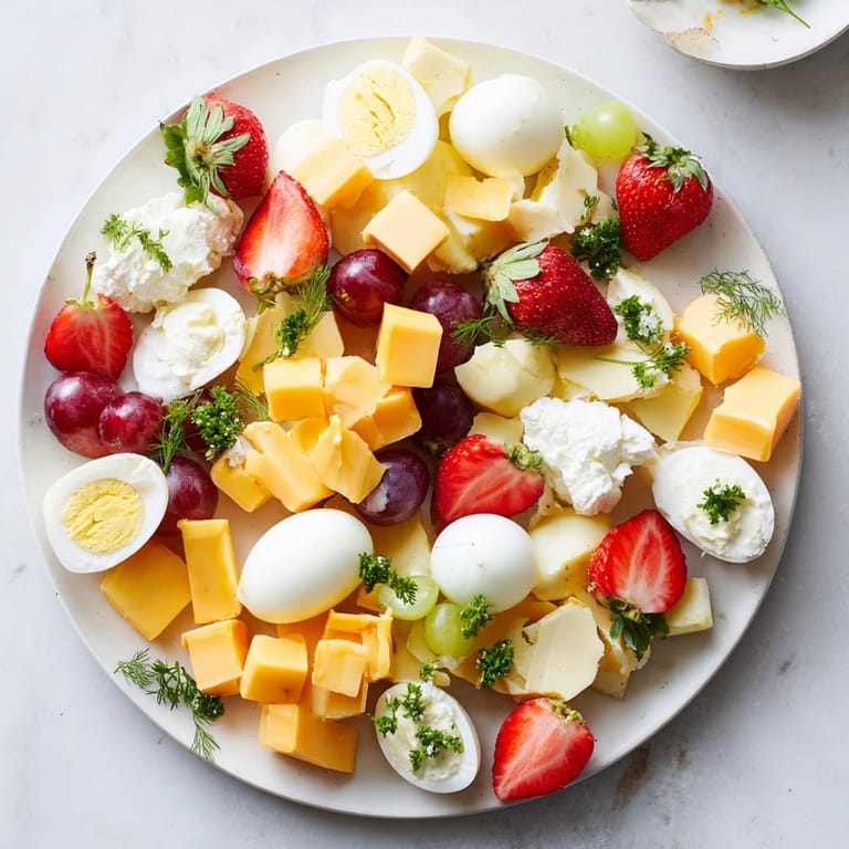 A delicious display of Easter Egg-cellent Brunch Board ingredients: fresh fruit, assorted cheeses, and perfect boiled eggs.