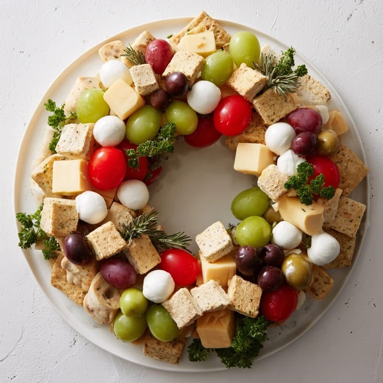 Easy-to-make Jingle Bell Cheese & Cracker Wreath with cubed cheese, crackers, fresh grapes, and rosemary sprigs.