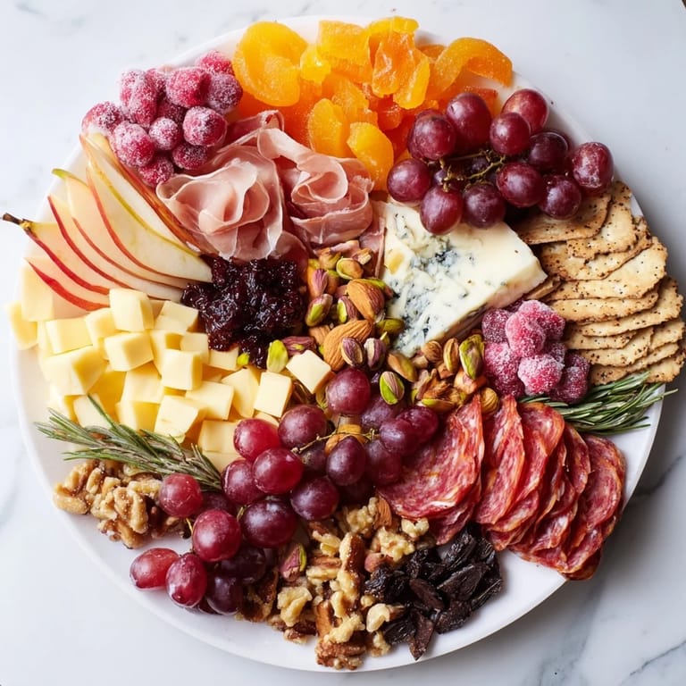 Gourmet close-up of a Sleigh Ride Charcuterie, brimming with savory meats, artisan cheese, and sweet treats.