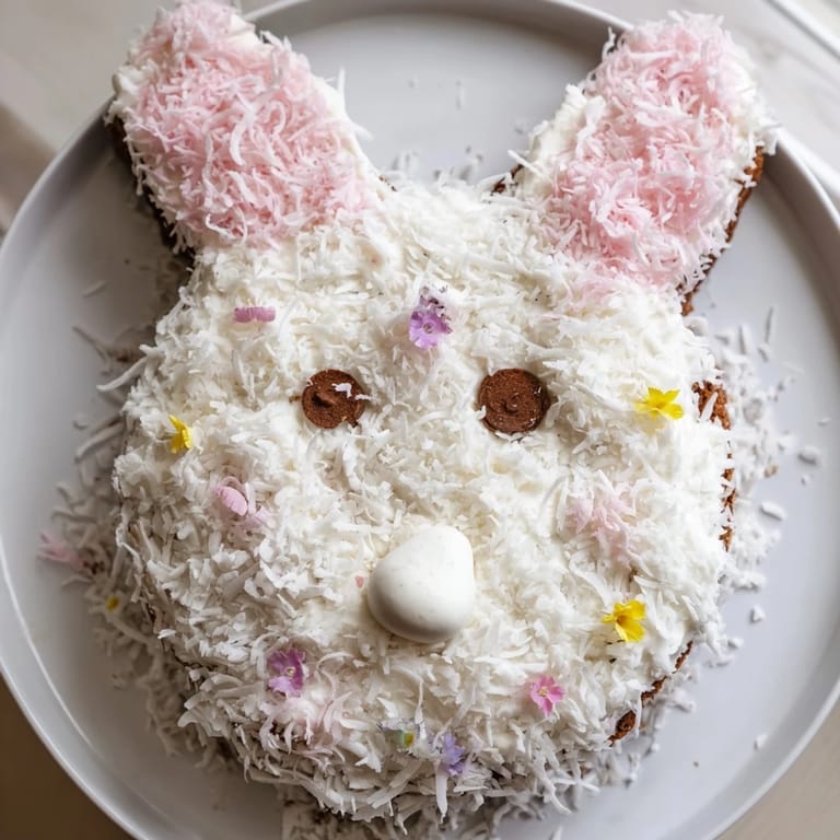 Close-up of a whimsical Spring Bunny Carrot Cake, ready to be enjoyed as a festive treat.
