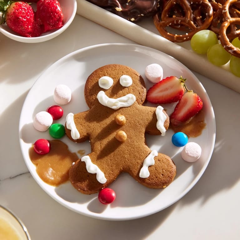 Golden-brown gingerbread men cookies surrounded by colorful candies and a sweet dip on this festive board.