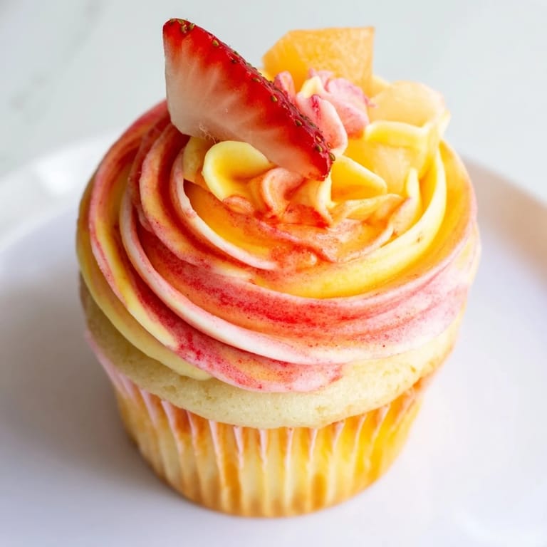 Tropical Mango Strawberry Sunset Cupcakes showcasing a beautiful sunset swirl frosting and fruity garnishes.