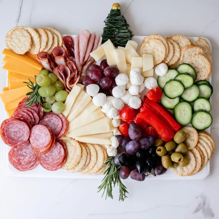 Visually stunning Christmas Tree Charcuterie Board appetizer, ideal for festive spreads and holiday celebrations.