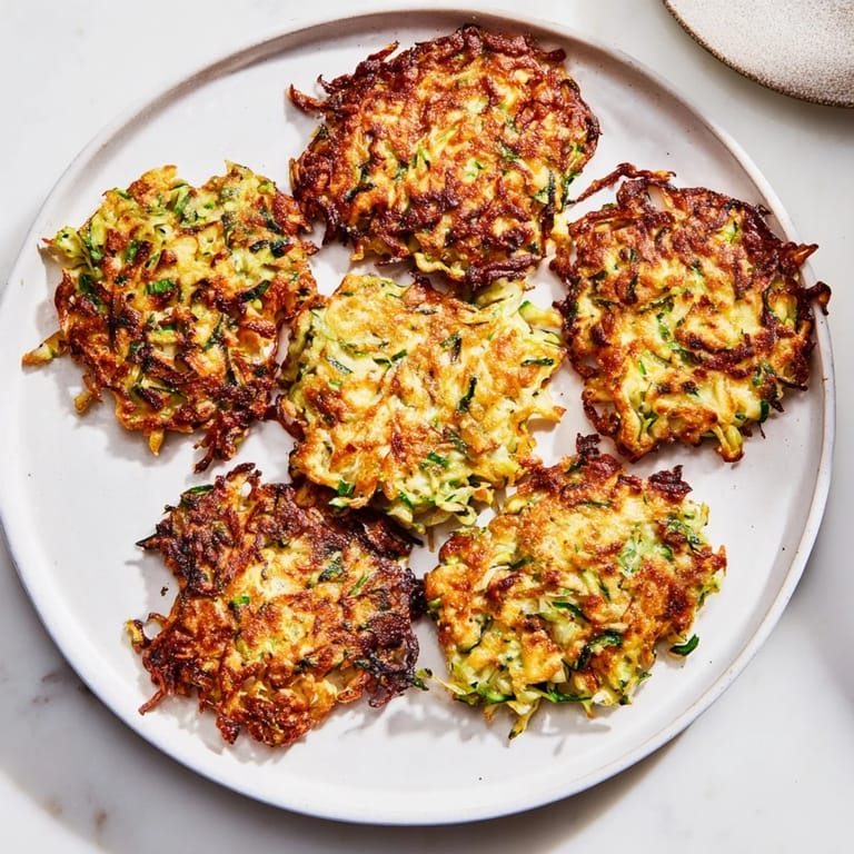 A close-up view of pan-fried chicken zucchini fritters, showing savory herbs and textures.