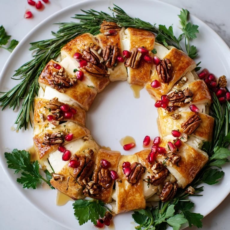 Warm, baked Pomegranate and Brie Wreath with jewel-toned pomegranate arils and herb accents.