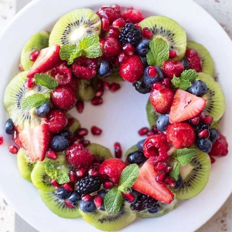 Fresh, colorful kiwi and berry holiday wreath—a delicious, easy appetizer for festive celebrations, bursting with flavor.