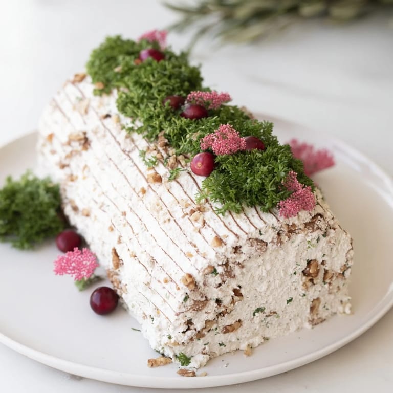 Creamy textured Yuletide Log Cheese Centerpiece, a savory appetizer with nuts and herbs, perfect for your holiday spread.