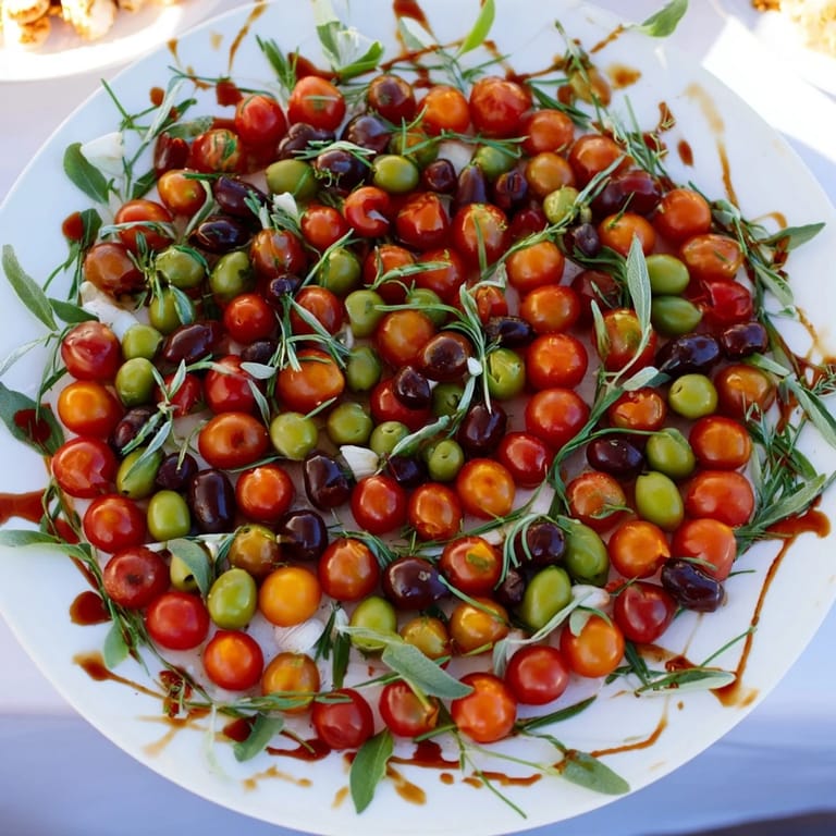 Vibrant appetizer wreath, showcasing juicy cherry tomatoes, olives, and mozzarella, ready to serve.
