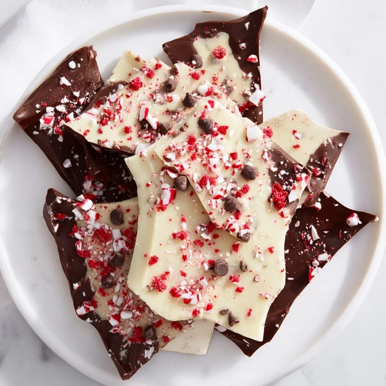 Crisp, jagged Peppermint Bark pieces studded with festive red and white candy crumbles ready to serve.