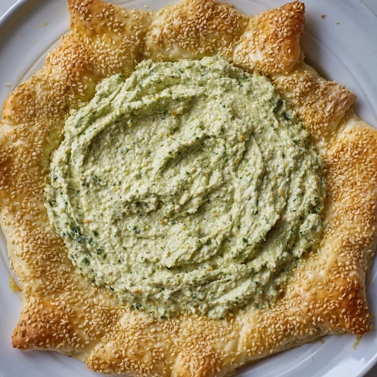 Enjoy the bright green of the pesto filling in this star-shaped dip with golden pastry crackers.