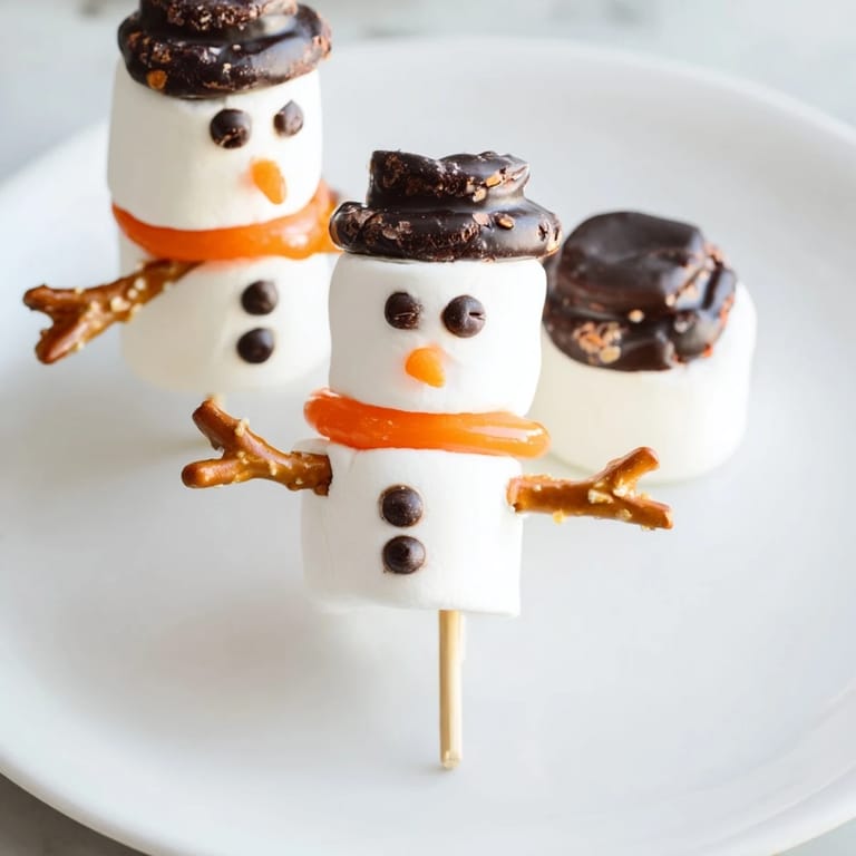 Adorable marshmallow snowman stick dessert, perfect for kids, with pretzel arms and chocolate faces.