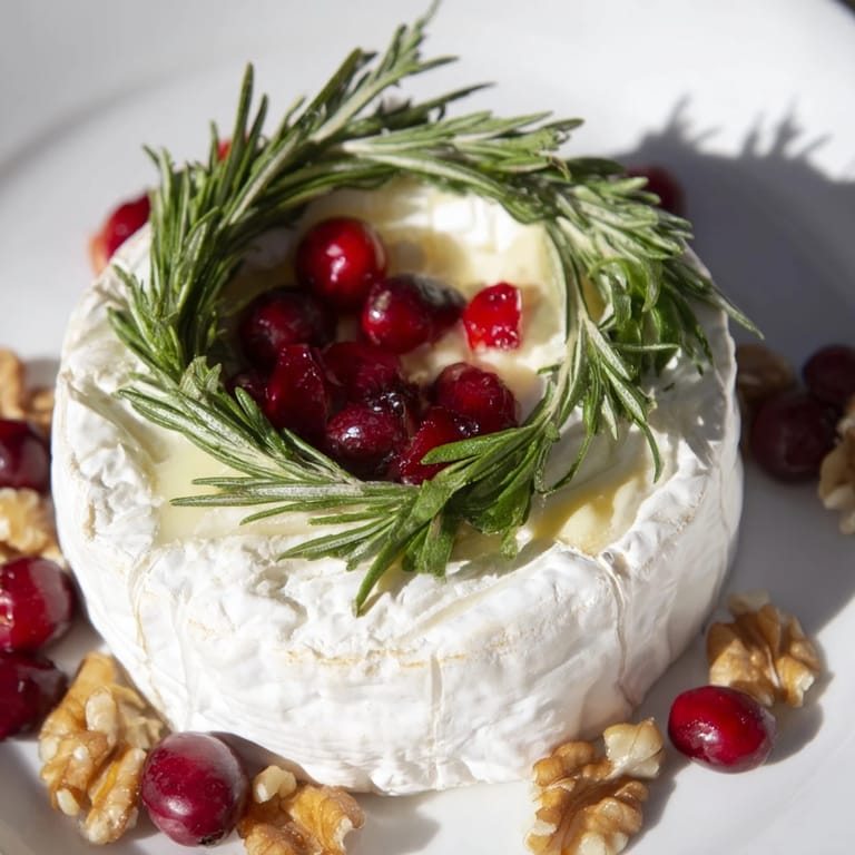 A close-up of Brie Cheese Wheel with Rosemary Wreath, garnished with ruby red cranberries for a beautiful holiday spread.