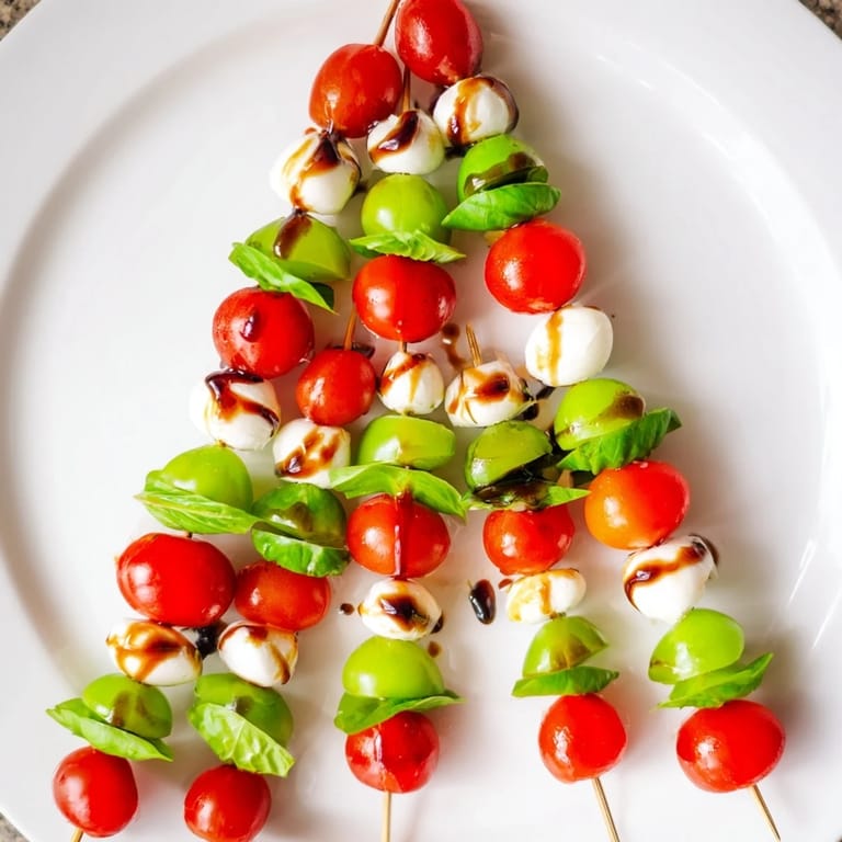 Delicious Italian Caprese Skewer Tree appetizer, with balsamic glaze drizzle and colorful, fresh ingredients.
