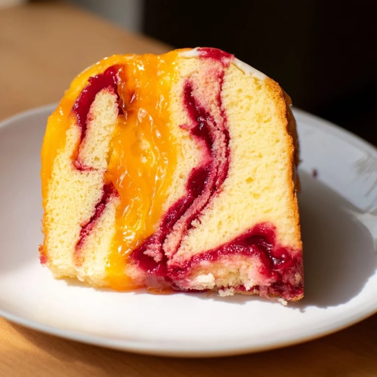A visually appealing Cranberry Orange Swirl cake slice displaying a marbled, holiday flavor profile.