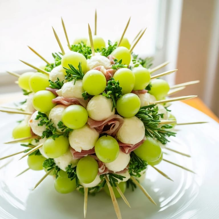 Festive Mistletoe Kissing Ball appetizer with colorful prosciutto and herbs, ready for a holiday spread.
