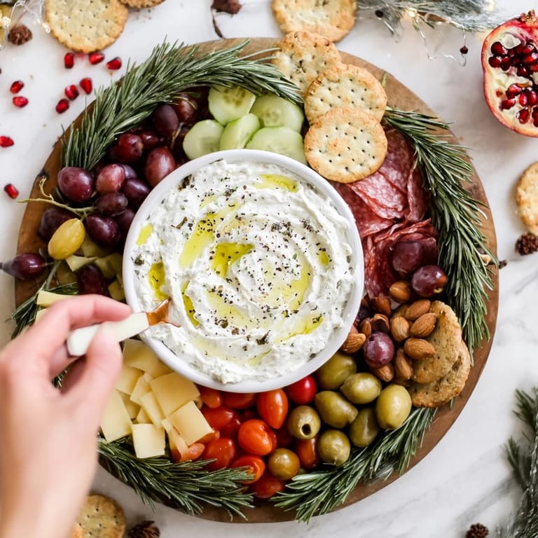 This festive Evergreen Wreath Board presents an elegant holiday appetizer with colorful, fresh ingredients.