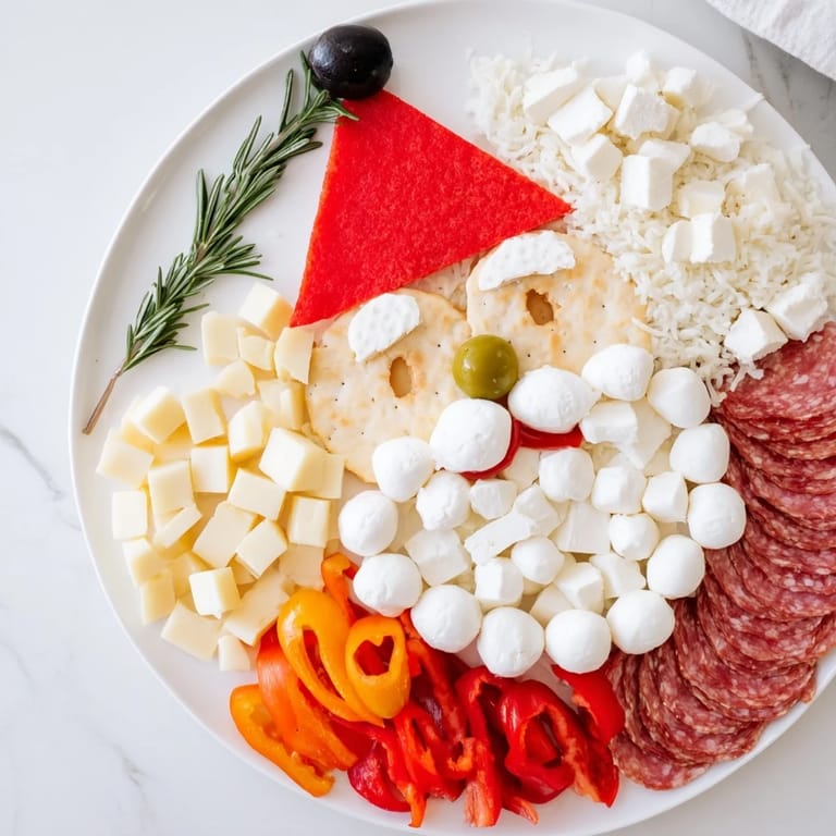 This Santa's Beard and Hat Board combines creamy cheeses, crackers, salami, and peppers for a delicious holiday appetizer.