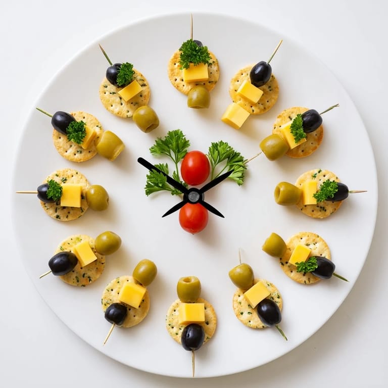 Beautiful New Years Clock Countdown photo, presenting a tasty cracker and cheese appetizer ready for midnight.