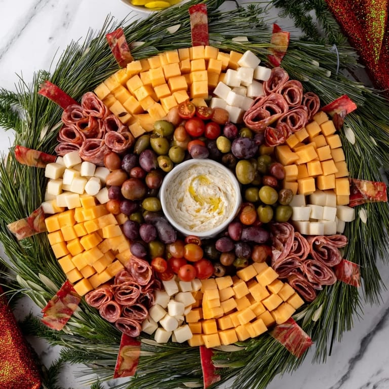 Showstopping Evergreen Wreath Board: a delicious charcuterie board with fresh herbs and colorful ingredients.