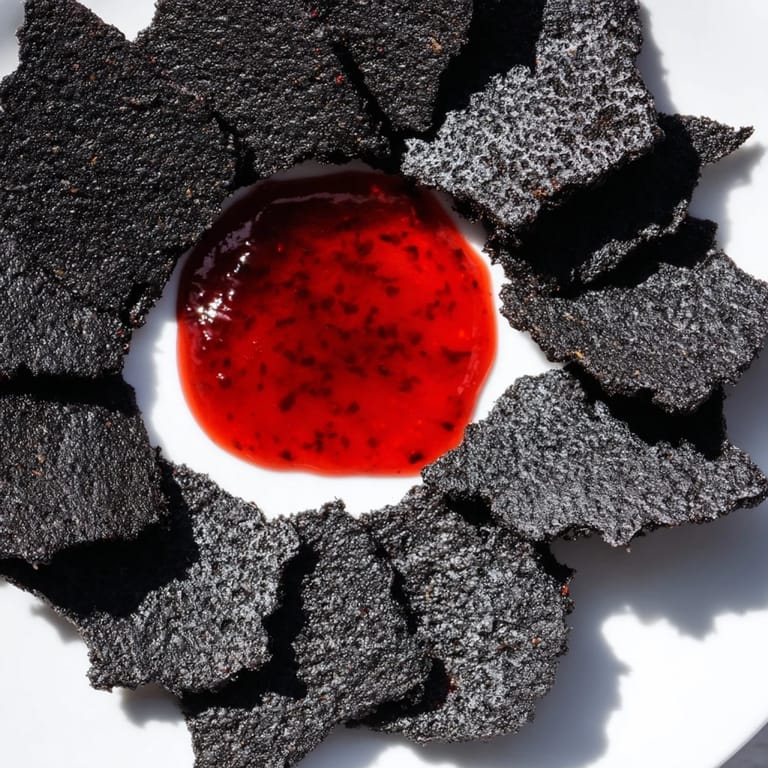 The Volcanic Flow recipe, a visually stunning appetizer: Spicy red jelly erupts from a black cracker base.