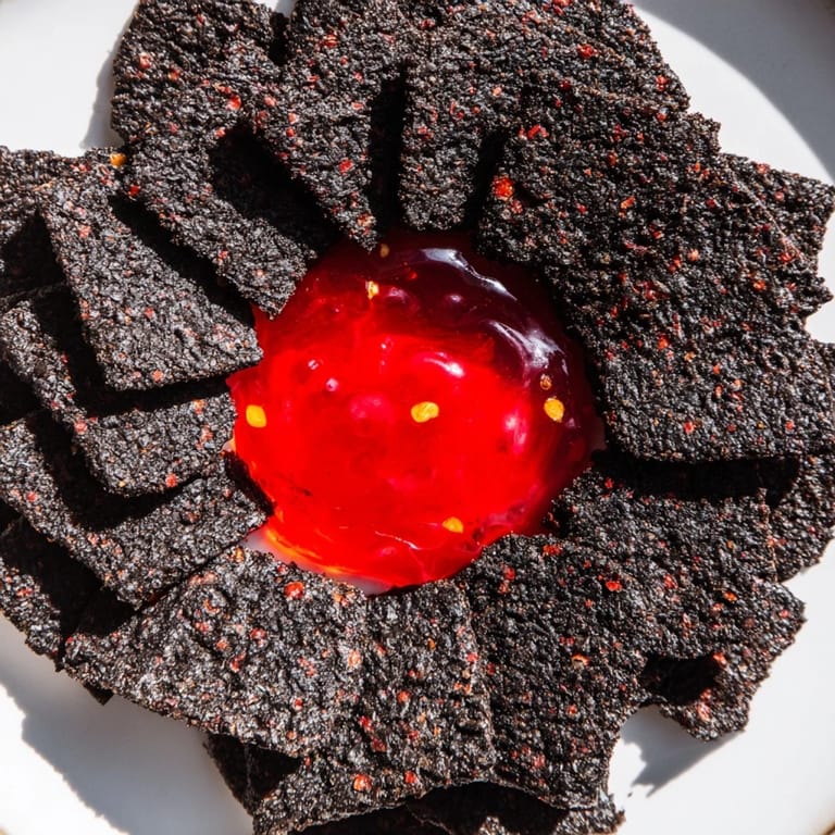 A party-ready Volcanic Flow: Taste the heat of the red pepper jelly with crispy black crackers.