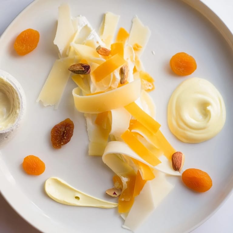 Elegant The Saffron Silk appetizer features rich, saffron-tinged cheeses artfully arranged for easy sharing.