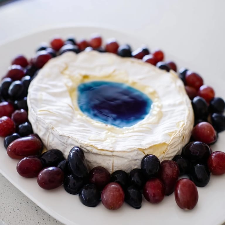 This gorgeous Floating Island features a soft cheese wheel, surrounded by a bright grape “shoreline” on blue Greek yogurt.