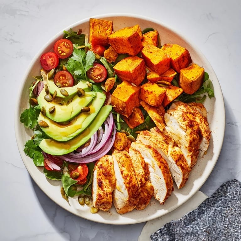 Golden sweet potatoes and grilled chicken pair perfectly in this vibrant Avocado and Sweet Potato Chicken Bowl recipe.